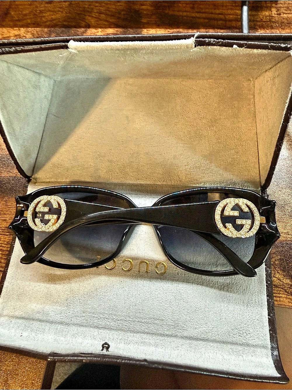 Gucci Guccissima Monogram Leather Hard Shell Sunglasses Case & Sunglasses.